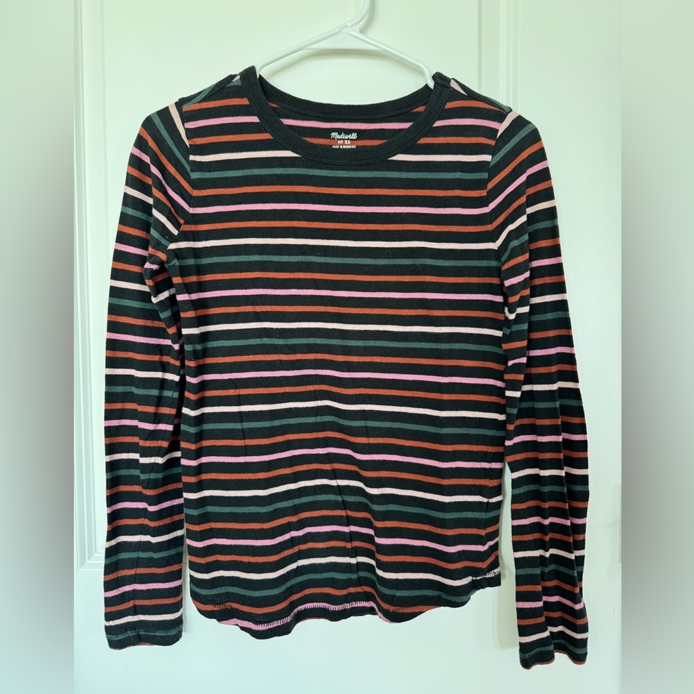 XS Madewell Black Striped Crewneck Top with Pink, Rust & Green Bands